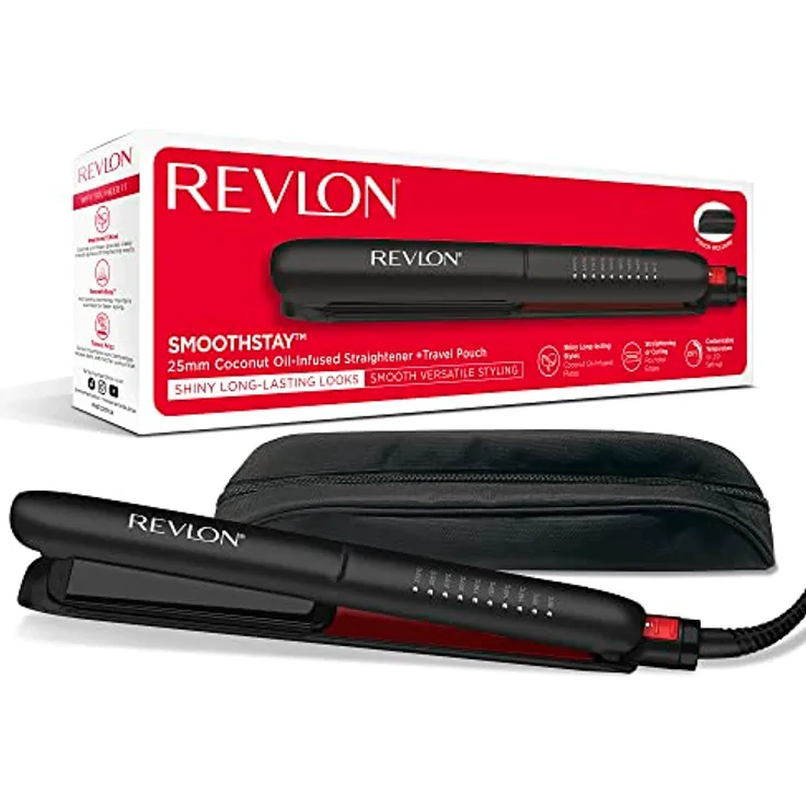 Revlon SmoothStay 25 mm Glätteisen mit Kokosnussöl-Infusion + Reisebeutel (schwimmende Platten mit abgerundeten Kanten, anpassbare Temperatur bis zu 235 °C) - RVST2211P