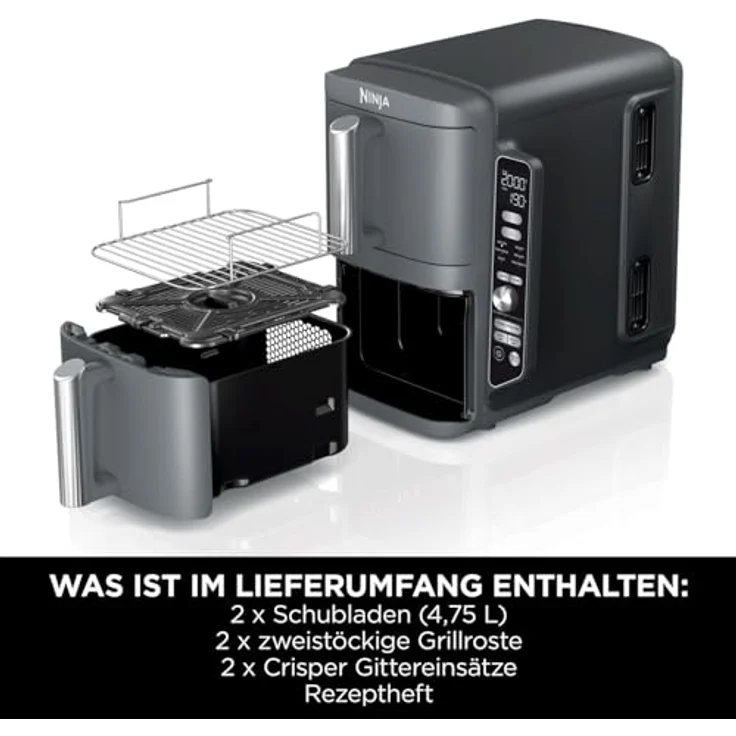 Ninja Double Stack XL Air Fryer Heißluftfritteuse, 9,5L Airfryer, Doppelkorb-Heißluftfritteuse mit 4 Kochstufen, 2 Körben, 2 Rosten, platzsparendes Design, 6 Kochfunktionen, 8 Portionen, Grau SL400EU – Bild 2