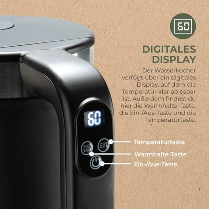 Bourgini Elements, Digitaler Wasserkocher, 1,7 Liter, Schwarz, GRS-e recycelte Materialien, präzise Temperaturwahl, Warmhaltefunktion – Bild 5