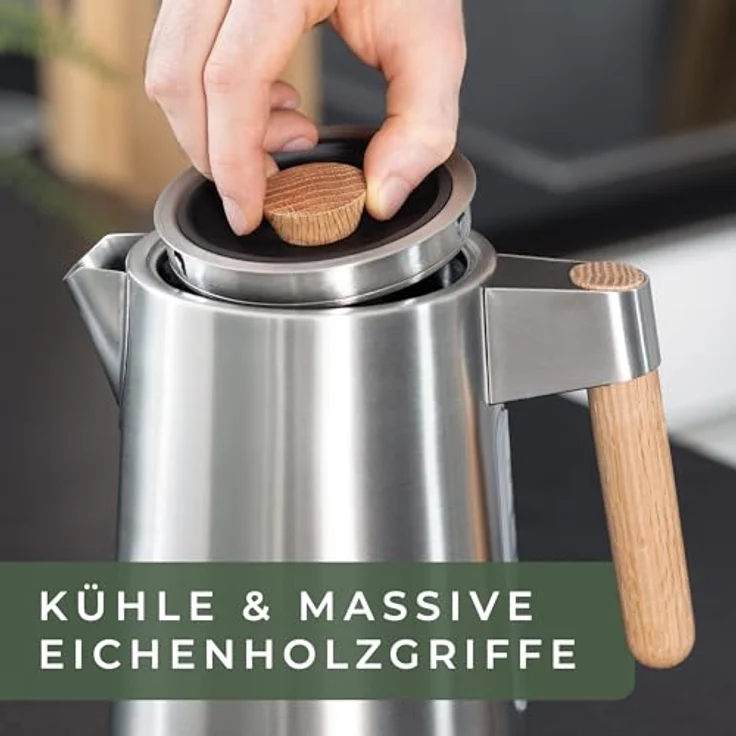 WALDWERK Design Wasserkocher - 3000 Watt - 1,7L - Edelstahl mit Eichenholz Griffen - Rostfreier 304 Edelstahl – Bild 3