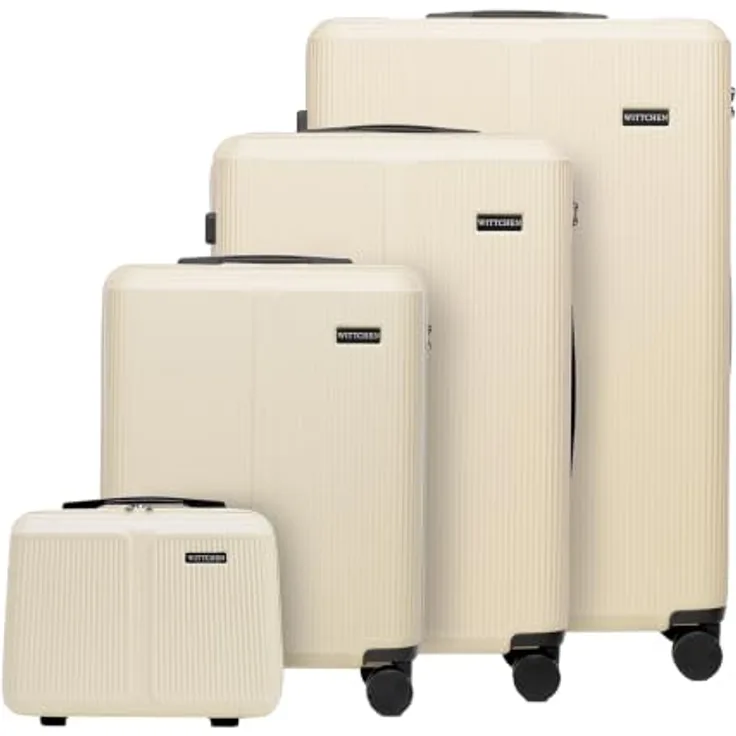 WITTCHEN Stripes Line Kofferset, Hartschalenkoffer ABS mit 4 Doppelrollen, Teleskopgriff und Zahlenschloss, Creme, 4 Größen und Kosmetiktasche