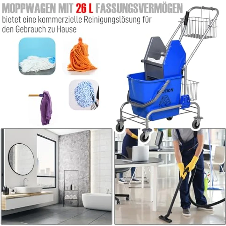 HOMCOM Reinigungswagen, Putzeimer mit 26 Liter Fassungsvermögen, 2 Aufbewahrungskörbe, mit Rollen, blau – Bild 3