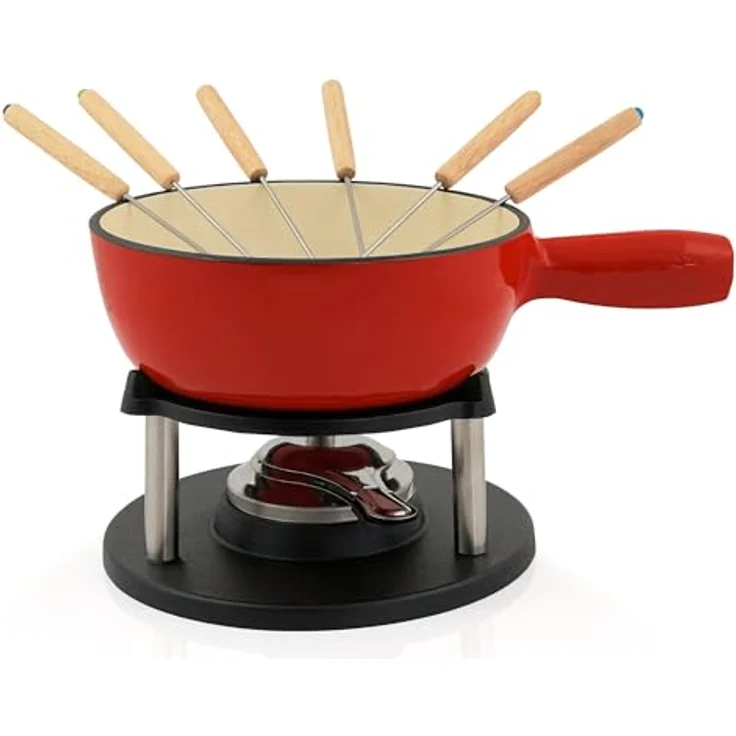 BBQ-Toro Gusseisen Fondue Set für 6 Personen | 2 Liter | Fondueset 9 teilig mit Brenner und Gabeln | Fondue-Set, Käsefondue Set, Fleischfondue Set, Schokofondue Set (rot/creme emailliert) – Bild 1