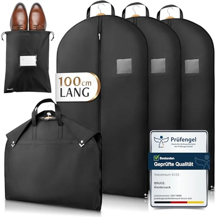 Bruce.® 3x Kleidersack Kurz, 100x60 cm aus wasserabweisendem Vliesstoff + Schuhbeutel – Schwarz – Bild 1