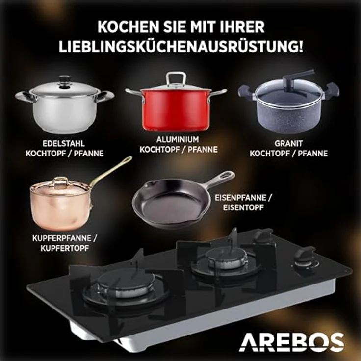 AREBOS Gaskochfeld 2 Flammen Glaskeramik Gasherd Einbaugerätherd Erdgas Propangas – Bild 4