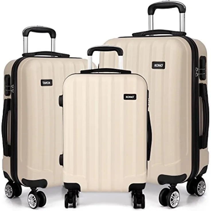 Kono Hartschale Koffer Trolley Leicht ABS 4 Räder Beige Reisekoffer Taschen Gepäck (Set)