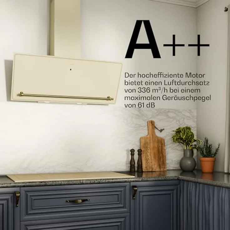 Klarstein Victoria Dunstabzugshaube, 90 cm, Touch-Bedienfeld, 400 m³/h Luftstrom, A++ Energieeffizienz, LED-Beleuchtung, Leise 52 dB, Creme & Gold, Abluft & Umluft – Bild 4
