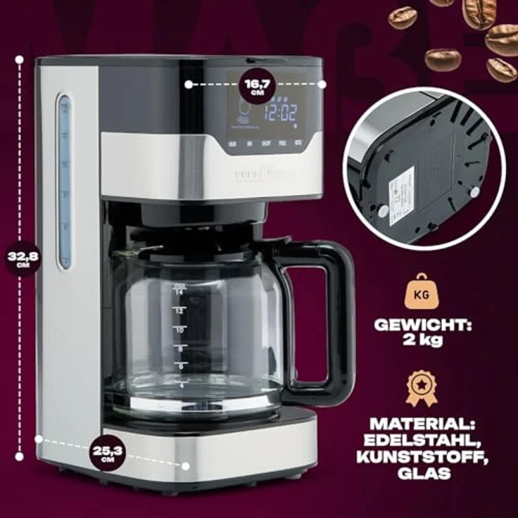 ProfiCook PC-KA 1169 Kaffeeautomat, elektronische Aromawahlfunktion, Sensor Touch-Bedienung - Touchscreen, 24 Stunden-LED-Digital-Zeitschaltuhr, 1.5 Liter, Edelstahl - Schwarz – Bild 5