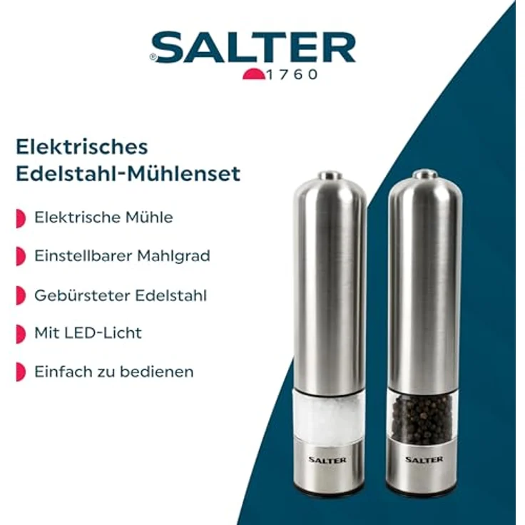 Salter Elektrische Salz- und Pfeffermühle im Set - Gebürstetes Edelstahl-Finish, Keramik-Mechanismus Ideal für Himalaya - Steinsalz, Pfeffer, Kräuter, Gewürze, kein Verschütten, einfache Handhabung – Bild 3