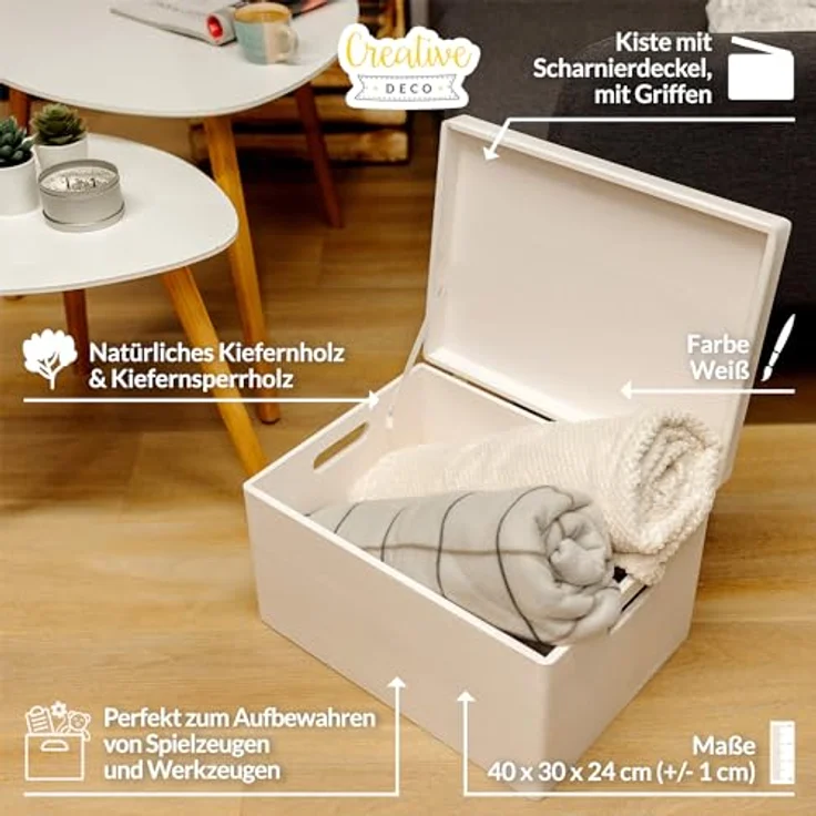 Creative Deco XXL Weiß Große Holzkiste mit Deckel | 40x30x24 cm (+/-1cm) | Holztruhe Erinnerungsbox Baby Holzbox mit Deckel und Griffen Kasten | Für Dokumente, Spielzeug, Werkzeuge, - Preisvergleich – Bild 4