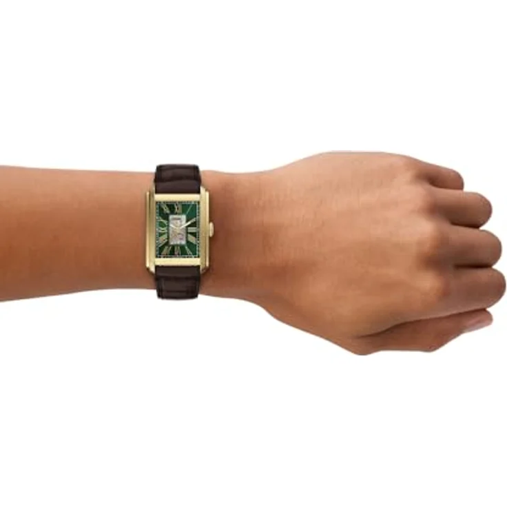 Fossil Carraway ME3271, Herren Edelstahlarmbanduhr mit 30MM goldfarbenem Gehäuse, grünem Sunray-Zifferblatt und braunem Lederband, wasserdicht bis 50m – Bild 2
