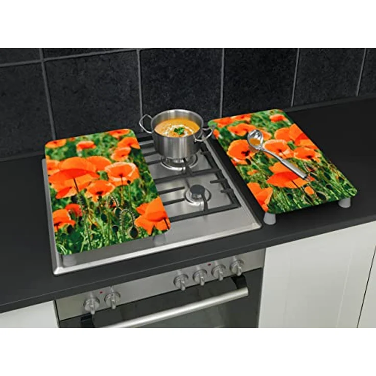Wenko 2521434500 Herdabdeckplatte Universal Mohnfeld - 2er Set, für alle Herdarten, Gehärtetes Glas, 30 x 1.8-4.5 x 52 cm, Mehrfarbig – Bild 3