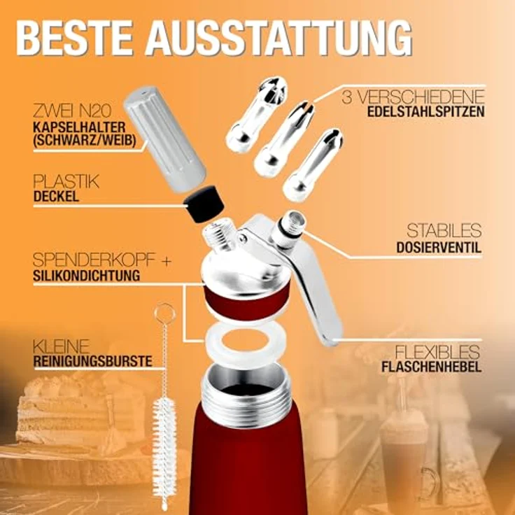 Thiru Sahnespender 500ml, inkl. Toolbox, 3 Edelstahl Tüllen, eBook mit 50 Rezepten, rot, für Schlagsahne, Espuma & warme Speisen, note "sehr gut" – Bild 4