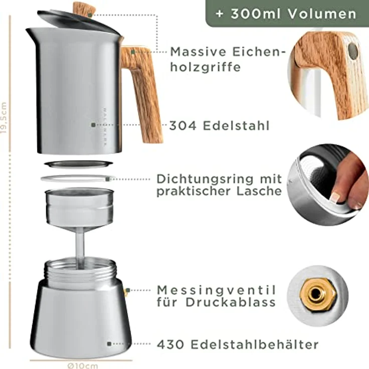 Waldwerk Espressokocher Edelstahl, 300 ml Kaffeekanne für Induktion und alle Herdarten, mit Eichenholzgriff und Messing-Sicherheitsventil – Bild 7