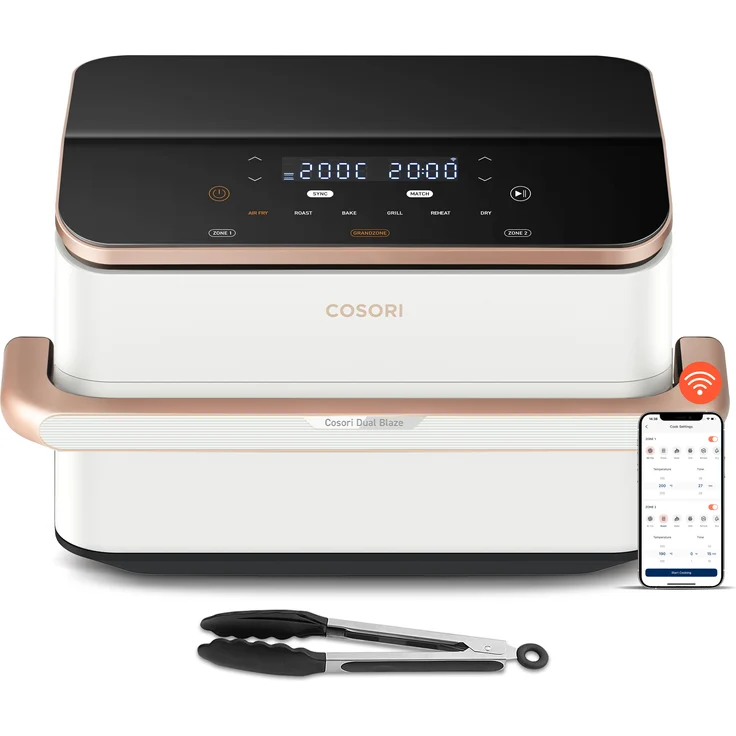 Cosori DualBlaze TwinFry CAF-TF101S, 10L XXL Airfryer mit 2 Kammern, herausnehmbarer Trennwand, 4 Heizelementen, Sync-Funktion, weiß