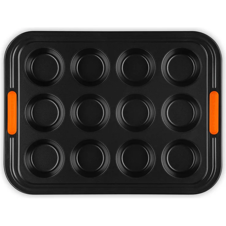 Le Creuset 12er Muffinform, Backform, orange-schwarz, ideal für Muffins, Cupcakes und Mini-Quiches