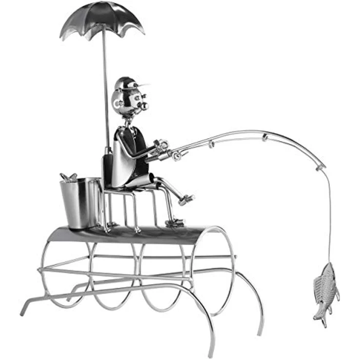 BRUBAKER Flaschenhalter Angler mit Sonnenschirm Metall Skulptur mit Geschenkk... – Bild 7
