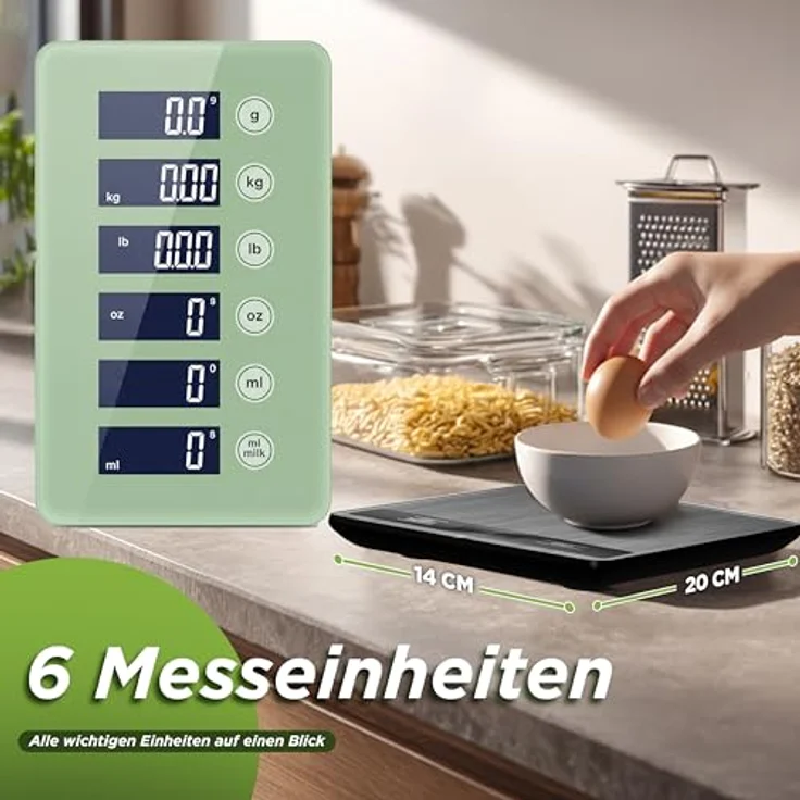 LUNARIA Digitale Küchenwaage 15 kg [PREMIUM], hochpräzise Lebensmittelwaage aus Edelstahl/Kunststoff, große Wiegefläche, LCD-Display, Mehrfacheinheiten (g/kg/oz/lb/ml), batteriebetrieben – Bild 3