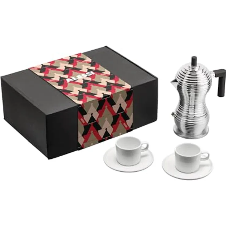 Alessi Pulcina Kaffeebereiter, 5-teiliges Set aus Gußaluminium mit schwarzem Griff und Porzellan-Obertassen, induktionsgeeignet