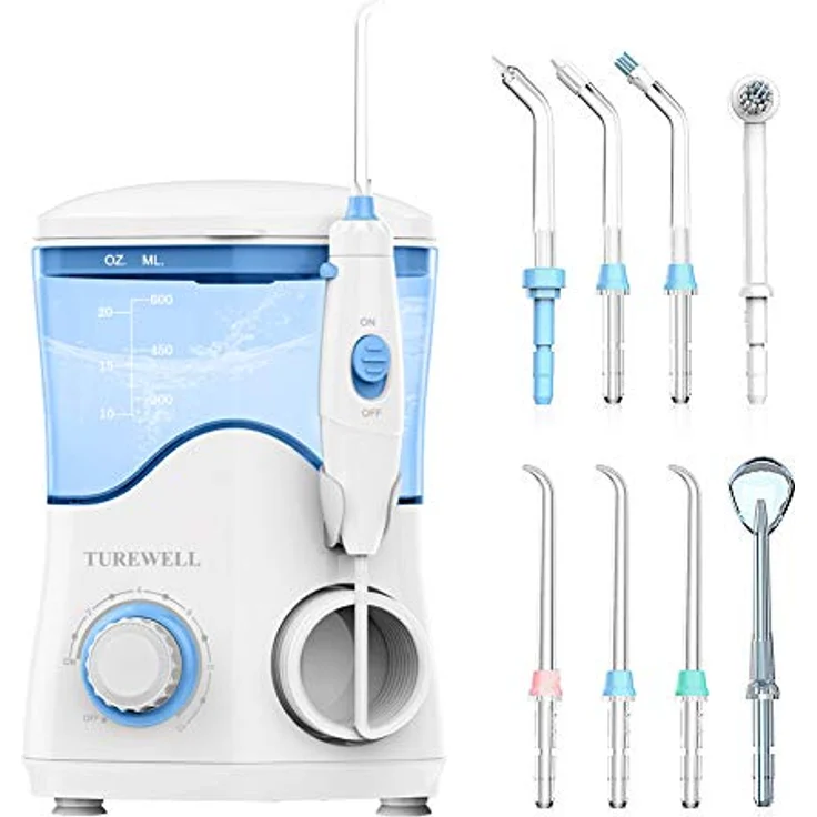 TUREWELL Elektrische Munddusche, Profi-Munddusche mit 10 einstellbaren Wasserdruckwerten, 600ml Fassungsvermögen und 8 multifunktionalen Düsenspitzen (Weiß) – Bild 1