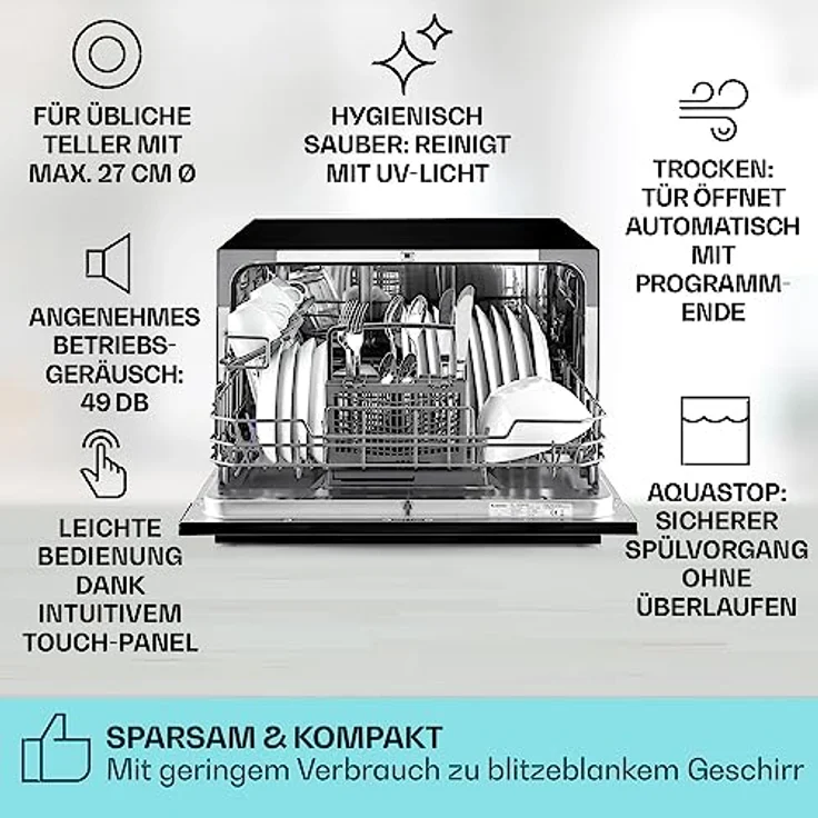 Klarstein Havasia UV 8, Tischgeschirrspüler, E, Geräuschemissionsklasse C, Geräuschemissionen 49 Dezibel – Bild 3