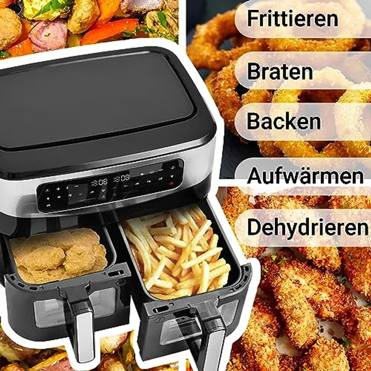 Venga! Doppel-Heißluftfritteuse, 2x 4,5 L Fassungsvermögen, 9 voreingestellte Kochprogramme, innovative Match Cook & Smart Finish Funktionen, 2 600 W, Schwarz/Silber, VG AFT 3008 – Bild 2