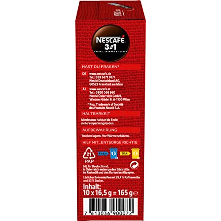 Nescafé 3-in-1 Sticks, löslicher Bohnenkaffee, mit Kaffeeweißer & Zucker, Instant-Kaffee aus erlesenen Kaffeebohnen, koffeinhaltig, 10 Portionssticks – Bild 6
