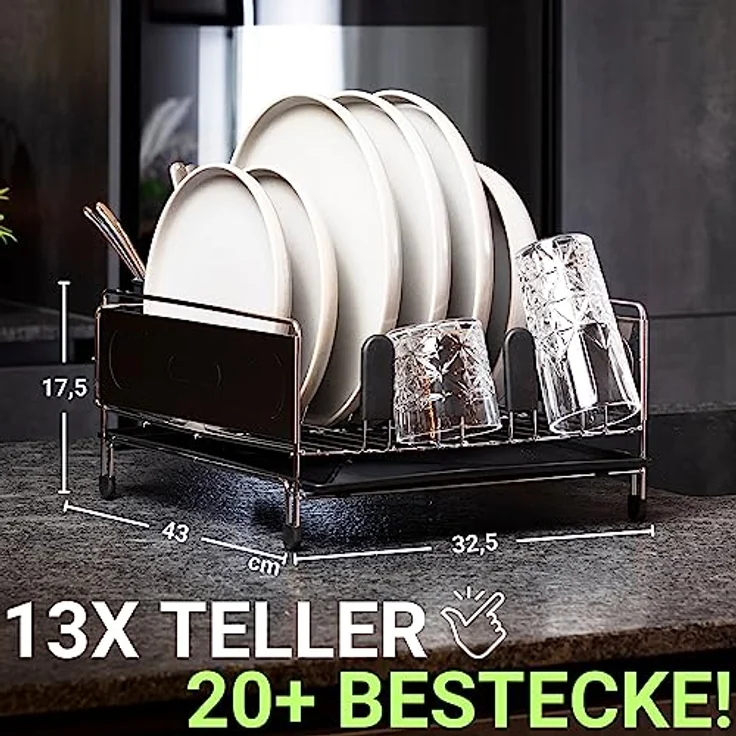 LINFELDT® Abtropfgestell Geschirr Edelstahl 43x33cm - TOP MIT ABFLUSS | Geschirrabtropfgestell Schwarz - Geschirrablage für Spüle | Dish Drying Rack Geschirrabtropfgestell Edelstahl – Bild 2