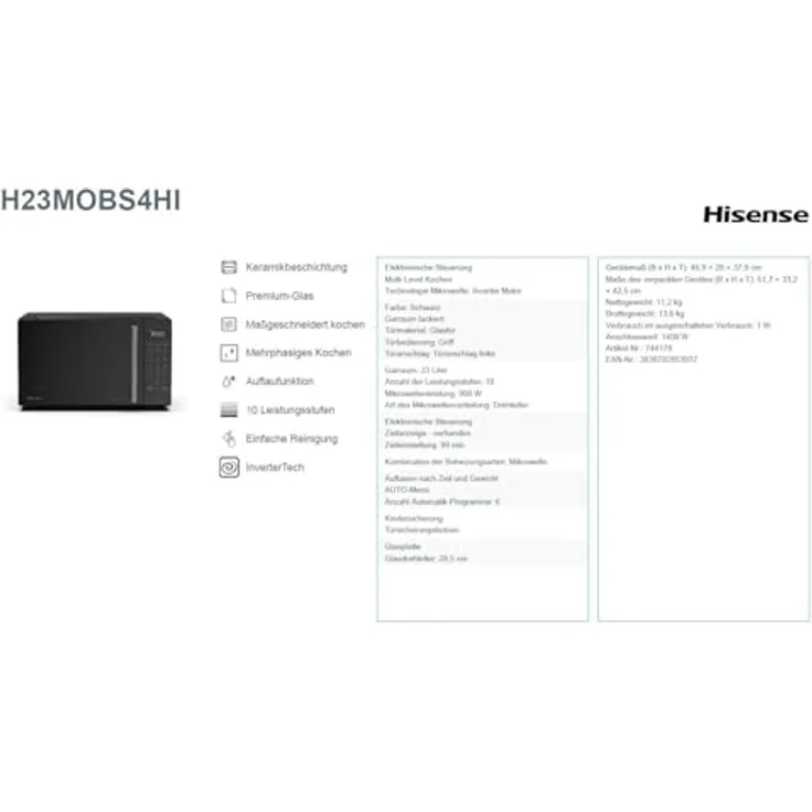 Hisense Mikrowelle H23MOBS4HI, Mikrowelle, 23 l, Schwarz, INVERTER-Technologie, 900 W, 10 Leistungsstufen – Bild 18