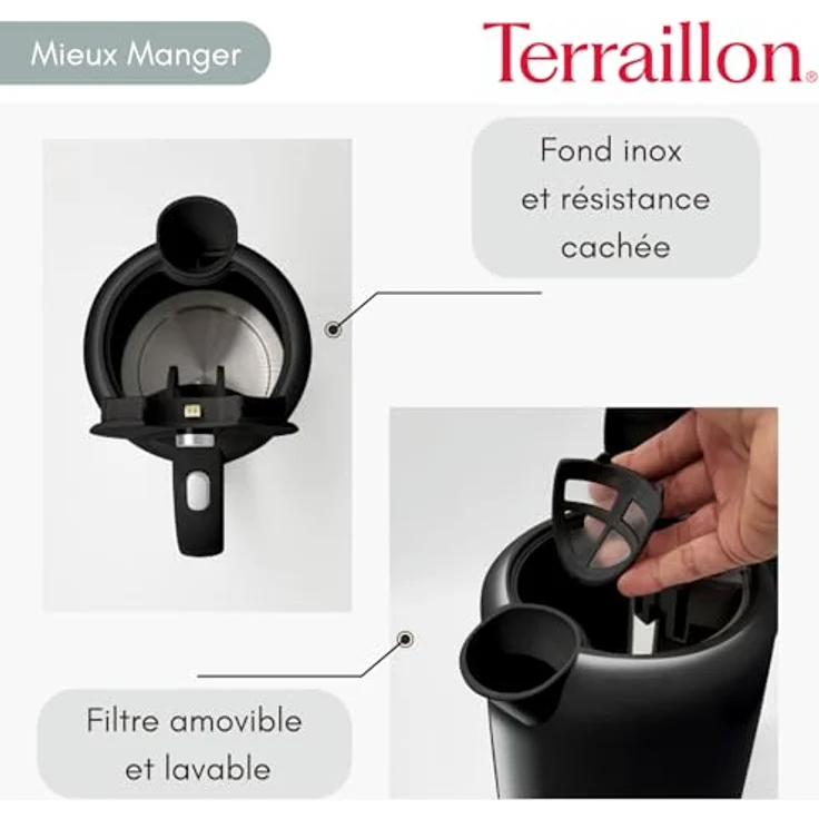 TERRAILLON SCHWAZER DIAMANT, Elektrischer Wasserkocher 1,5 l, 2200 W, 360° drehbarer Sockel, automatische Abschaltung, Hintergrundbeleuchtung, Wasserstandsanzeige, schwarz – Bild 4
