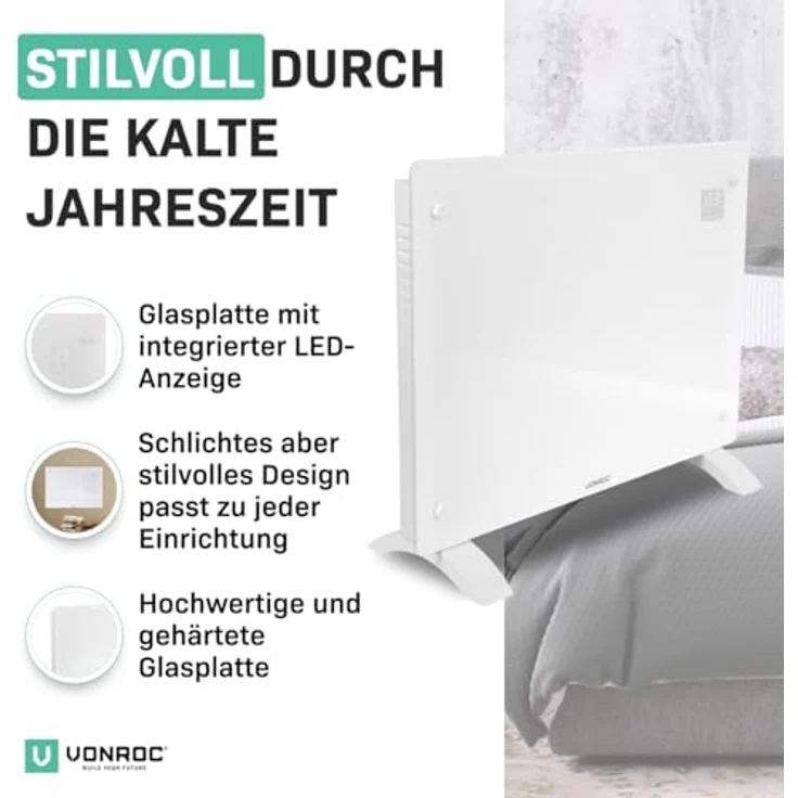 VONROC Elektroheizung, Konvektor-Heizung - Elektrische Heizung bis 24m2 - Mobiler Heizkörper LED Anzeige, leise, 2 Stufen 1000W & 2000W, Manuelle/App Steuerung - weiß – Bild 2
