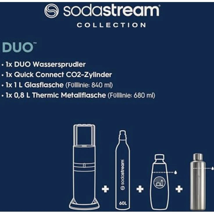 SodaStream DUO Wassersprudler, Quick-Connect CO2-Zylinder, inkl. 1L Glasflasche und 0,8L Metallflasche, Farbe: Titan – Bild 3