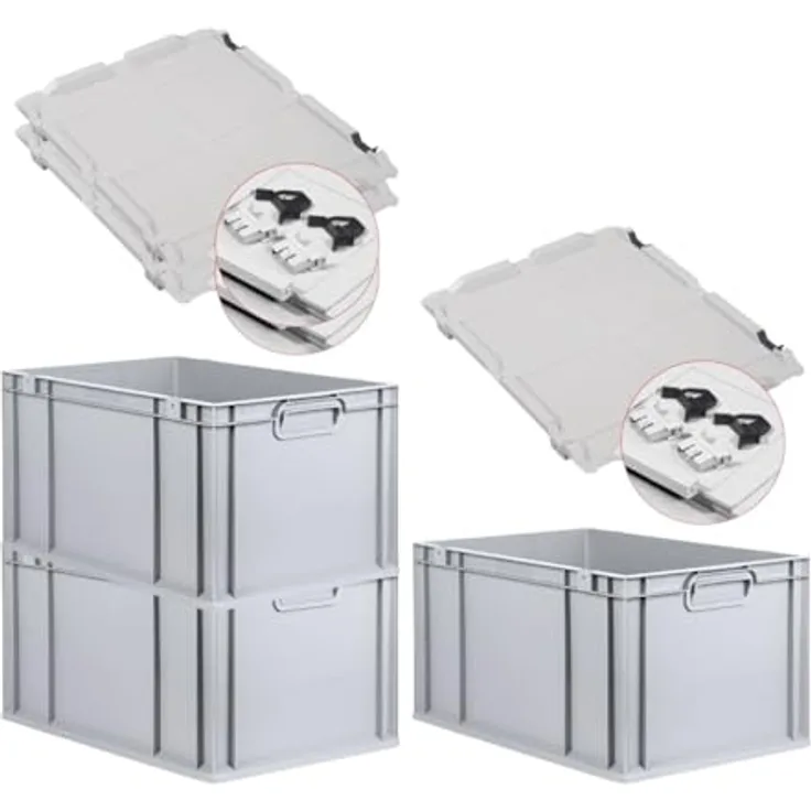 PROREGAL Eurobox NextGen Economy, 3x Transportbehälter mit Scharnierdeckel, schwarz, HxBxT 32x40x60cm, 65 Liter, lebensmittelecht, robust und stapelbar