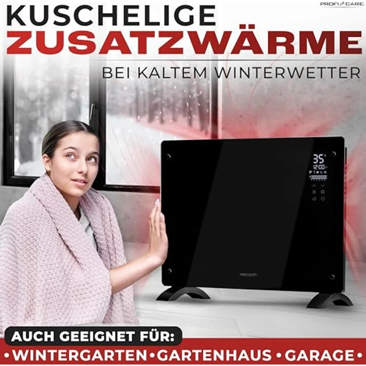 ProfiCare® Elektroheizung mit Glasfront & X-Shape Heizelement | mobiler Heizkörper auch für Wandmontage geeignet | Konvektor Heizung mit 2 Heizstufen | lautloses Heizen - 0dB | PC-GKH 3118 schwarz – Bild 5