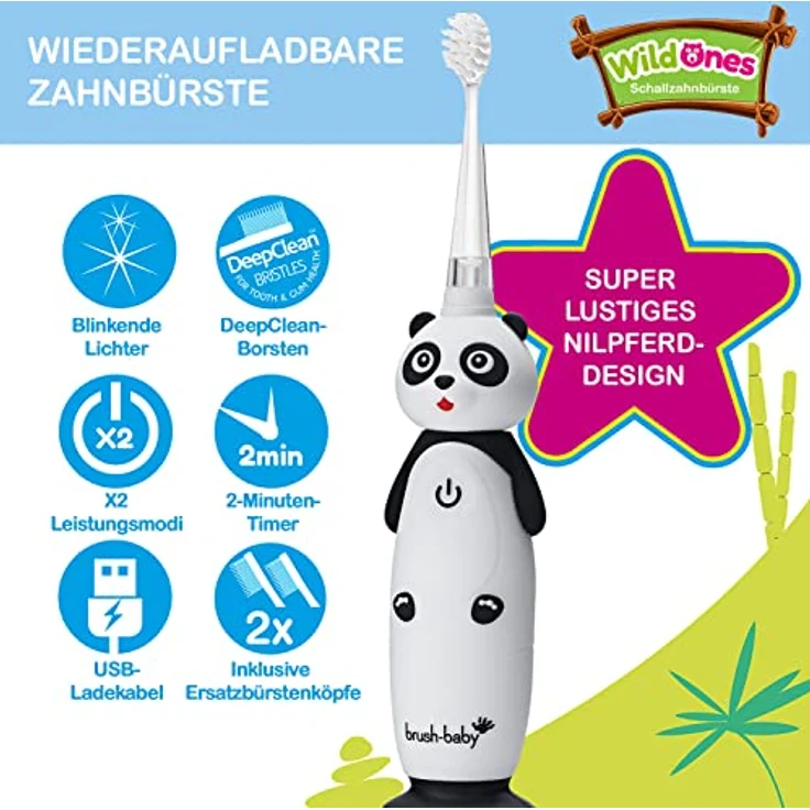 Brush-Baby Elektrische Zahnbürste WildOne, USB-Ladekabel, wasserdicht, Panda Design – Bild 2