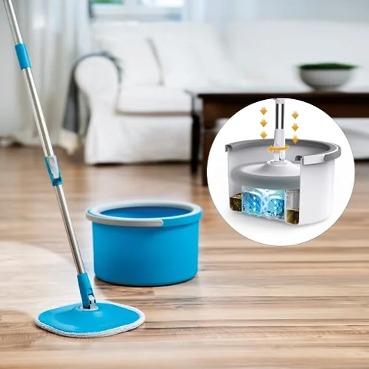 LIVINGTON Clean Water Spin Mop - Wischmop Set mit Zwei-Kammer-Filtersystem - trennt Schmutzwasser von Frischwasser - Bodenwischer für jeden Boden - mit Neuer 135cm Langer Stange - Auswringfunktion – Bild 3