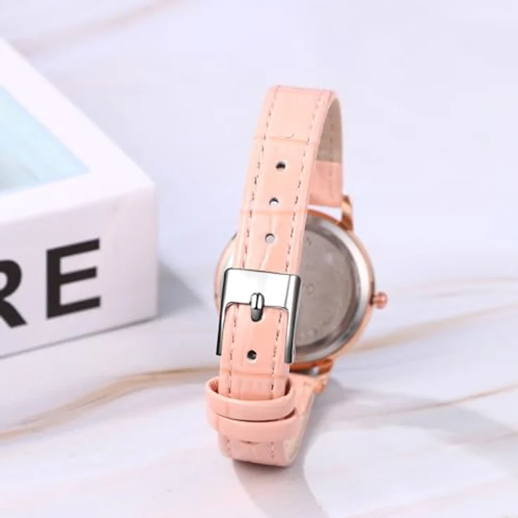JewelryWe Analog Quarz Armbanduhr Damen, Rosa Leder mit Strass und Bösem Blick, römische Ziffern, Glitzer Design – Bild 3