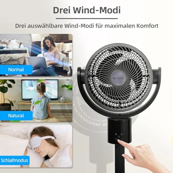 Be Cool Digitaler Stand- und Tischventilator 26cm – DC Inverter Motor, 50 Watt, 12 Stufen, 3 Windmodi, 3D-Osszilation, Höhe einstellbar: 66/95 cm, 15 Std. Timer, LED-Anzeige, Fernbedienung, grau – Bild 4
