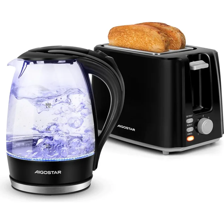 Aigostar Frühstücks-Set (2-tlg), Wasserkocher 1,7L mit blauer LED und 2-Scheiben Langschlitz Toaster, Schwarz