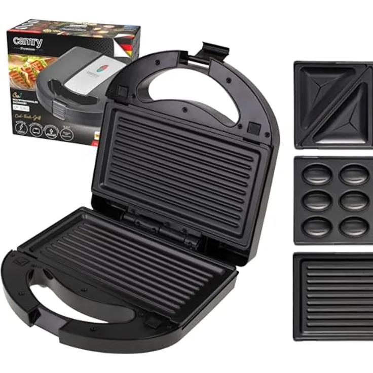 CAMRY Multifunktionsgerät 3 in 1 Sandwichmaker, Sandwichtoaster, Kontaktgrill, Oreschki Maker, Nussmaker, Nuss Keksen, 1000W, Antihaftbeschichtung (Schwarz)