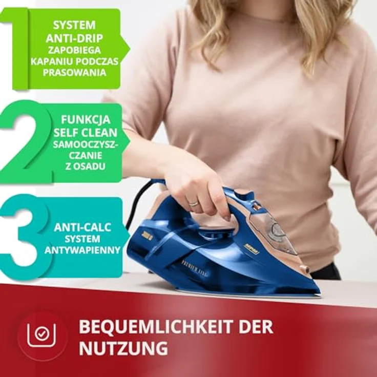 MPM MZE-24/G Bügeleisen mit Keramiksohle, 3000W, 190g Dampfstoß, kontinuierlicher Dampf, vertikale Dampffunktion, Auto Shut-Off, 300ml Wassertank – Bild 5