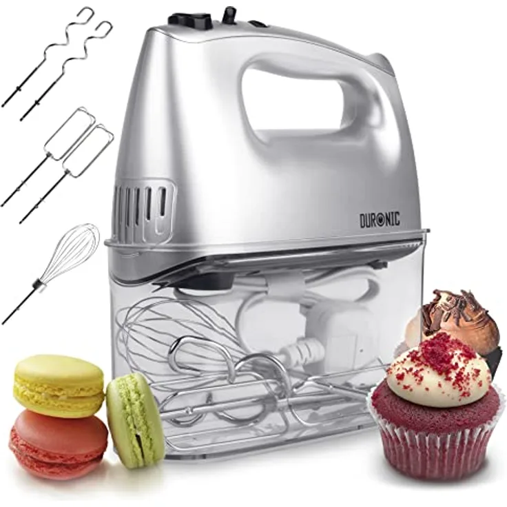 Duronic HM4 SR elektrischer Handrührer | 400 Watt Handmixer | Mixer und Handrührgerät mit Aufbewahrungsbox | Rührgerät inkl. Knethaken, Rührbesen und Schneebesen | 5 Stufen und Turbofunktion