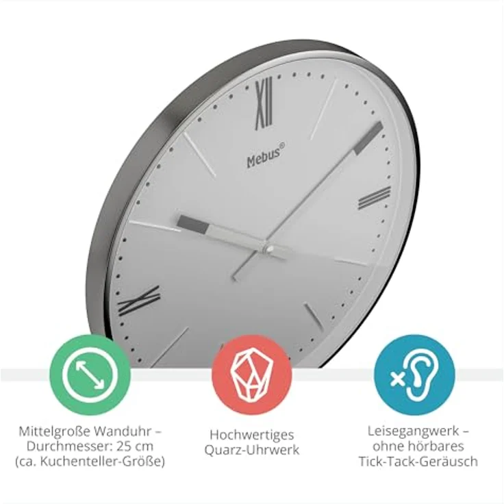 Mebus Wanduhr TinyTime, leise Quarz-Wanduhr mit römischen Ziffern, 25 cm Durchmesser, graues Zifferblatt, anthrazitfarbenes Gehäuse – Bild 2