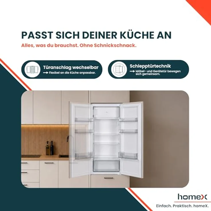 homeX CFB1811E Einbaukühlschrank mit Gefrierfach, 181 Liter, Schlepptürtechnik, LED-Beleuchtung, 39 dB, Energieeffizienzklasse E – Bild 8