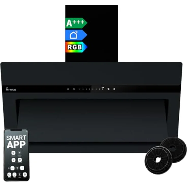 KKT KOLBE PLOOM9005S, 90 cm A+++ Dunstabzugshaube in Glas Matt Schwarz, 782 cbm/h, Umluft/Abluft, Nachlaufautomatik, Smart WiFi App, SensorTouch, RGBW LED-Beleuchtung – Bild 1
