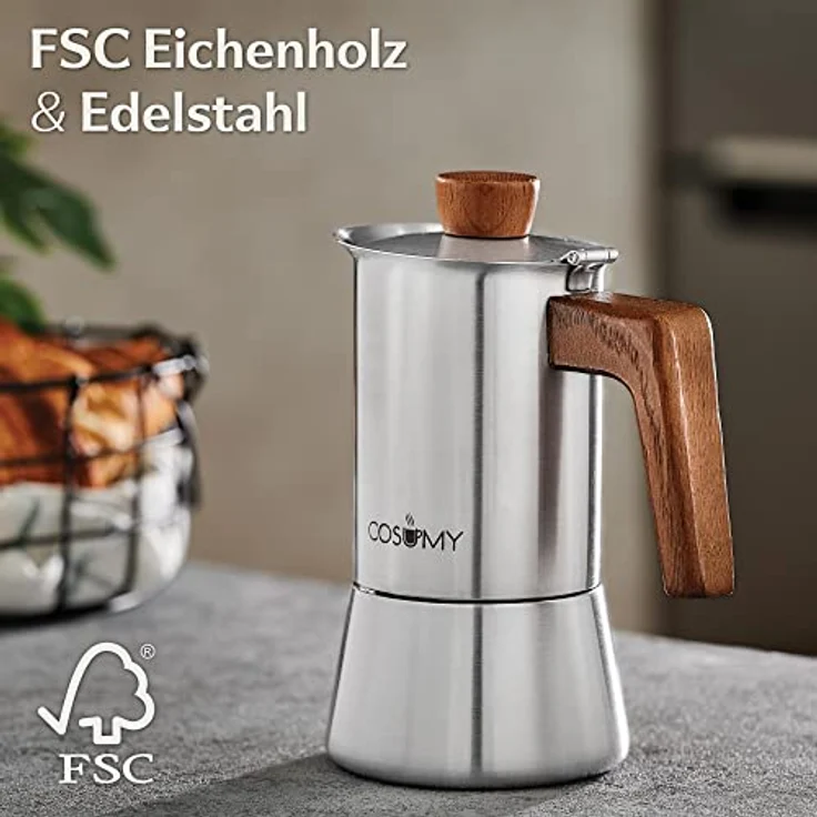 Cosumy Espressokocher, Induktionsgeeignet, FSC-zertifiziertes Eichenholz, 200 ml Fassungsvermögen – Bild 3