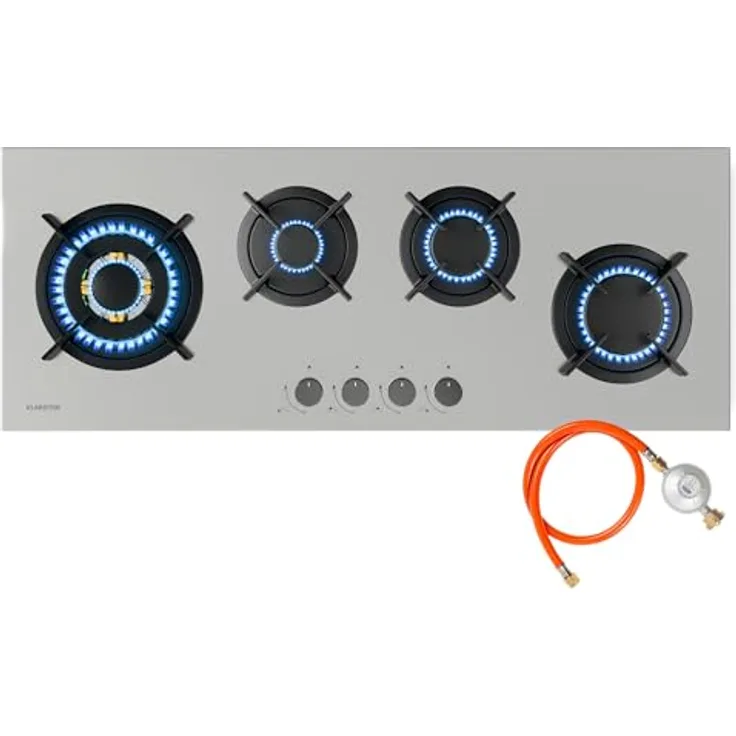 Klarstein Goldflame 4 Slim Gaskochfeld, 4 Messingbrenner, SnapJet-Zündung, Flammenausfallschutz, Edelstahl (Inkl. Schlauch & Druckminderer)