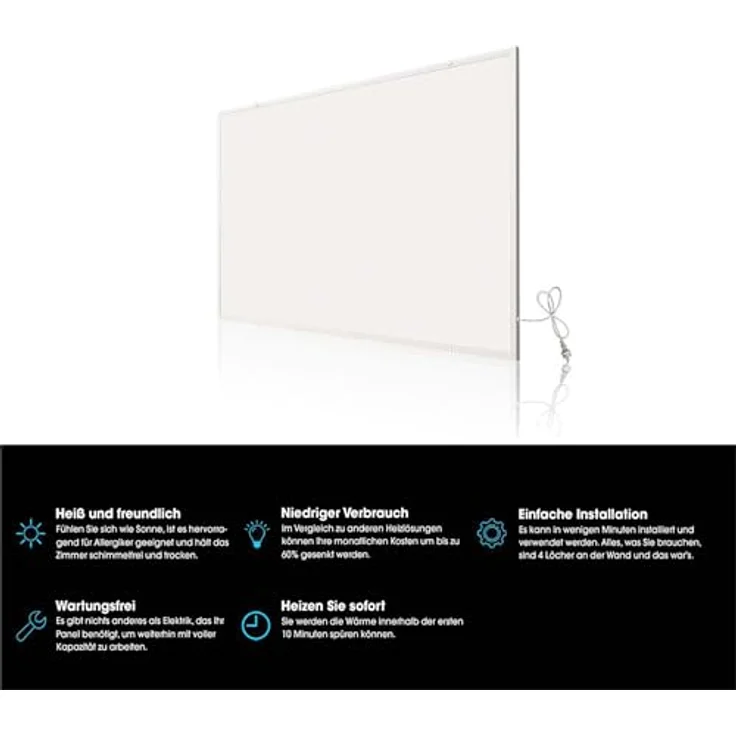 Wiltec Infrarotheizung 700 Watt, energieeffizienter Heizkörper, Wandmontage Elektroheizung, Weiß – Bild 6