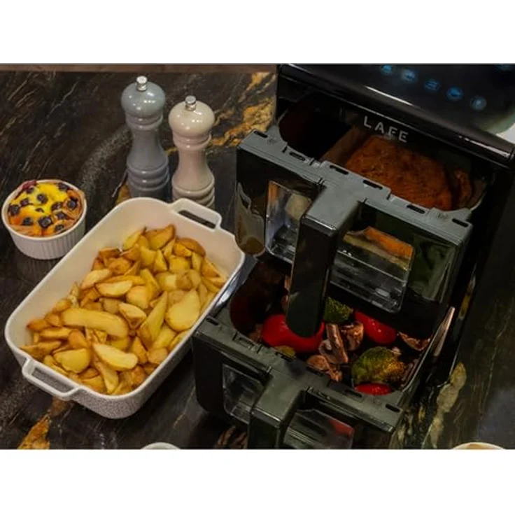 Lafe Dual Fry 10 l, Ölfreie Heißluftfritteuse mit zwei Kammern, 2460 W, LCD-Display, Temperatur 40–200 °C, Timer 60 min, Sichtfenster, gesundes Garen – Bild 2