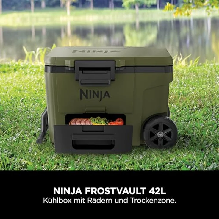 Ninja FrostVault Kühlbox mit Rollen, 42 L, isoliert mit Dry Zone Schublade, inklusive Ninja Thirsti Flasche 530 ml und Kühlakku, olivegrün, FB245AMZEUUKGN – Bild 2